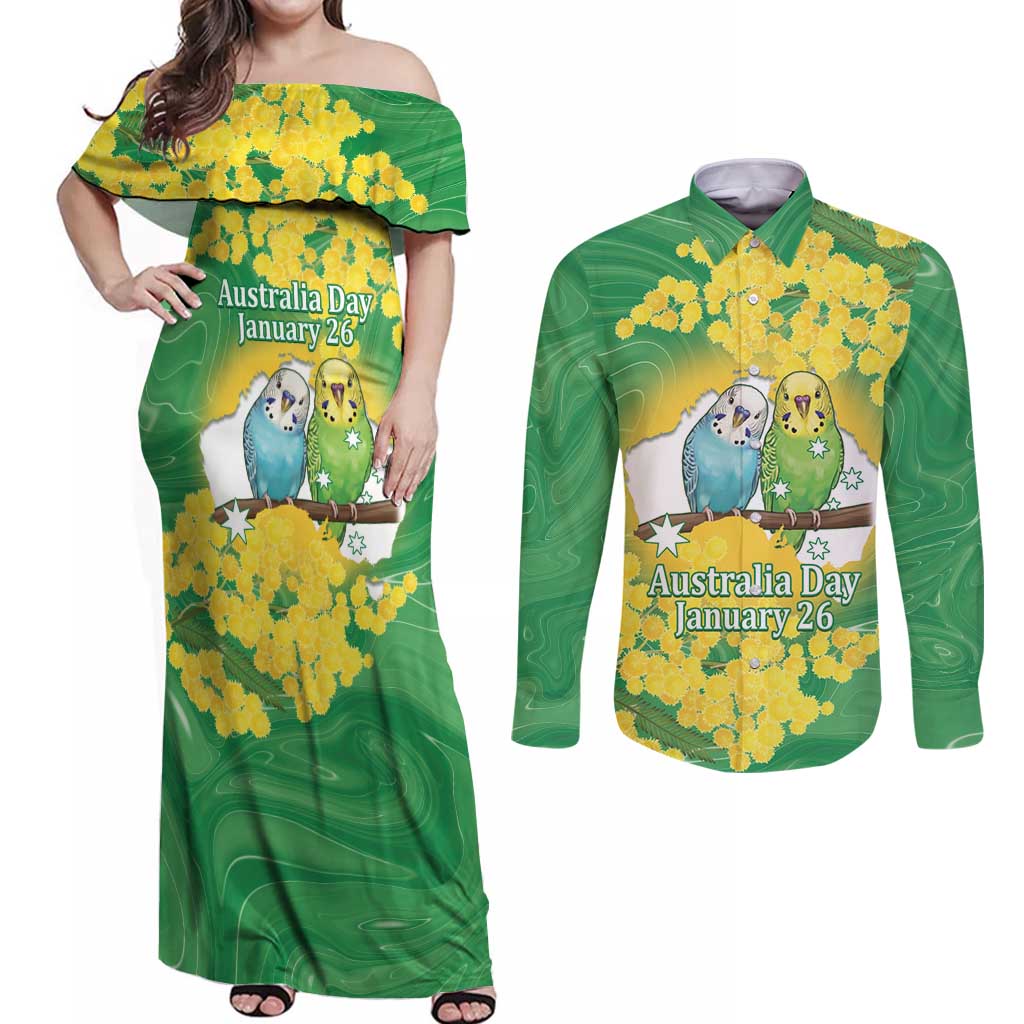 Budgerigar Australia Day Couples Matching Off Shoulder Maxi Dress and Long Sleeve Button Shirt Proud To Be An Aussie Opal National Color - Aussie Hoodie