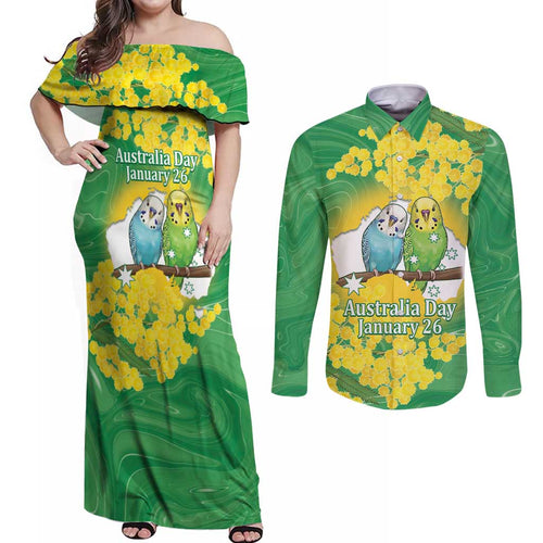 Budgerigar Australia Day Couples Matching Off Shoulder Maxi Dress and Long Sleeve Button Shirt Proud To Be An Aussie Opal National Color - Aussie Hoodie