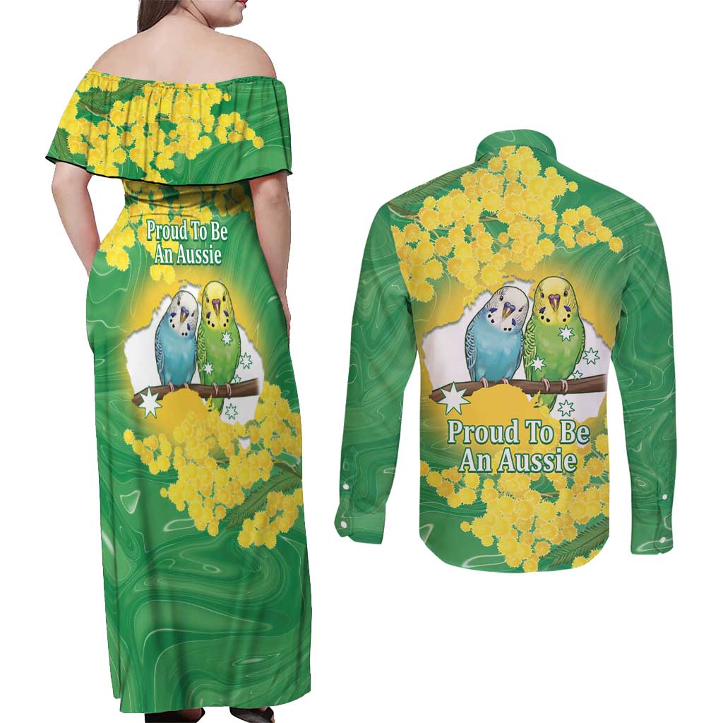 Budgerigar Australia Day Couples Matching Off Shoulder Maxi Dress and Long Sleeve Button Shirt Proud To Be An Aussie Opal National Color - Aussie Hoodie