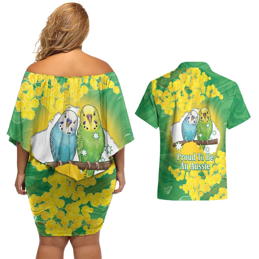 Budgerigar Australia Day Couples Matching Off Shoulder Short Dress and Hawaiian Shirt Proud To Be An Aussie Opal National Color - Aussie Hoodie