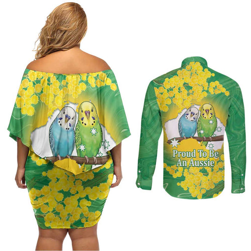 Budgerigar Australia Day Couples Matching Off Shoulder Short Dress and Long Sleeve Button Shirt Proud To Be An Aussie Opal National Color - Aussie Hoodie