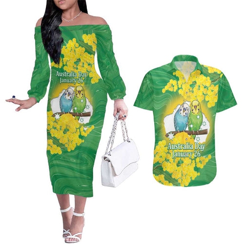 Budgerigar Australia Day Couples Matching Off The Shoulder Long Sleeve Dress and Hawaiian Shirt Proud To Be An Aussie Opal National Color - Aussie Hoodie