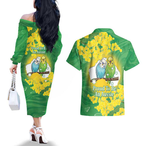Budgerigar Australia Day Couples Matching Off The Shoulder Long Sleeve Dress and Hawaiian Shirt Proud To Be An Aussie Opal National Color - Aussie Hoodie