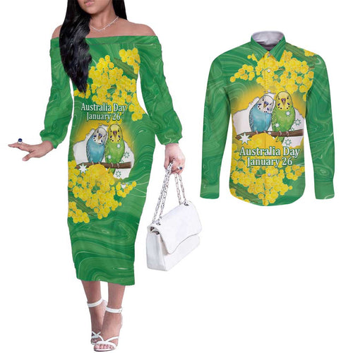 Budgerigar Australia Day Couples Matching Off The Shoulder Long Sleeve Dress and Long Sleeve Button Shirt Proud To Be An Aussie Opal National Color - Aussie Hoodie