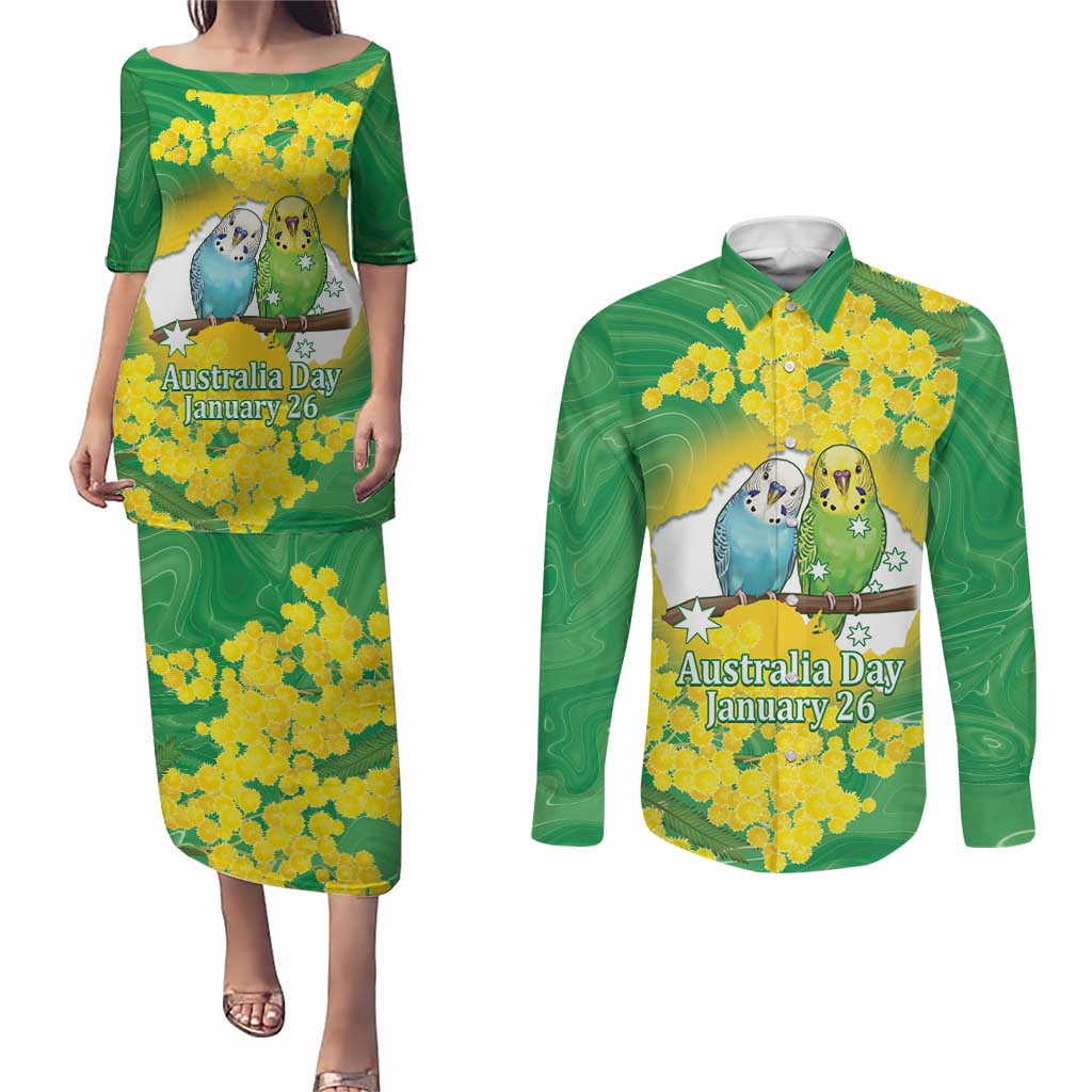 Budgerigar Australia Day Couples Matching Puletasi and Long Sleeve Button Shirt Proud To Be An Aussie Opal National Color - Aussie Hoodie