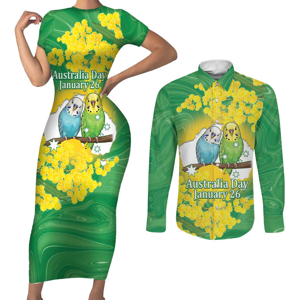 Budgerigar Australia Day Couples Matching Short Sleeve Bodycon Dress and Long Sleeve Button Shirt Proud To Be An Aussie Opal National Color - Aussie Hoodie