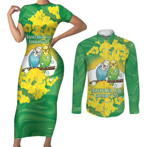Budgerigar Australia Day Couples Matching Short Sleeve Bodycon Dress and Long Sleeve Button Shirt Proud To Be An Aussie Opal National Color - Aussie Hoodie
