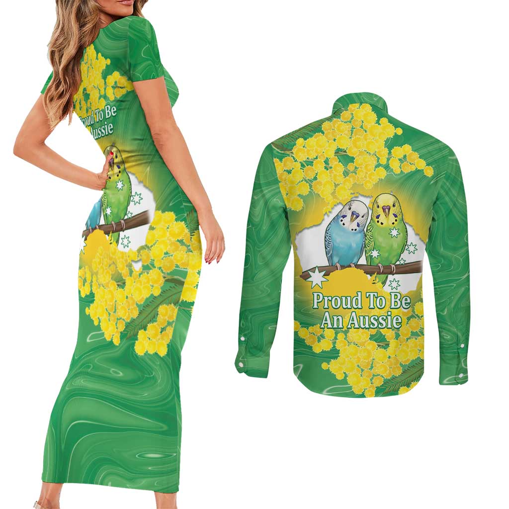 Budgerigar Australia Day Couples Matching Short Sleeve Bodycon Dress and Long Sleeve Button Shirt Proud To Be An Aussie Opal National Color - Aussie Hoodie