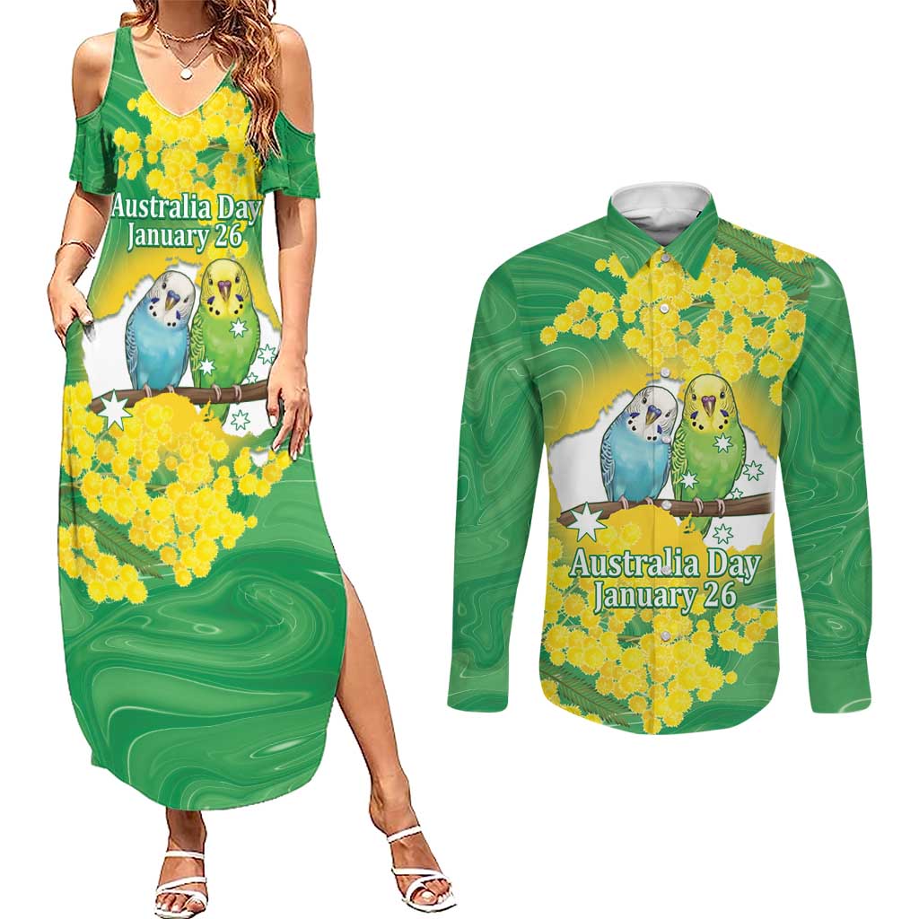Budgerigar Australia Day Couples Matching Summer Maxi Dress and Long Sleeve Button Shirt Proud To Be An Aussie Opal National Color - Aussie Hoodie