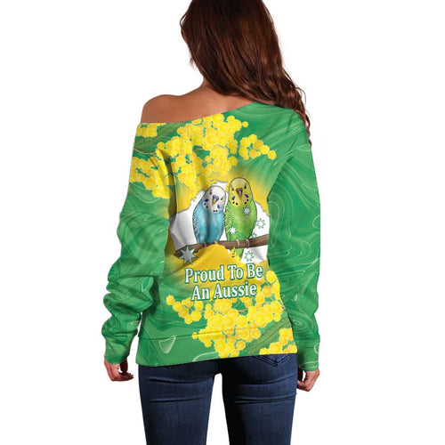 Budgerigar Australia Day Off Shoulder Sweater Proud To Be An Aussie Opal National Color - Aussie Hoodie