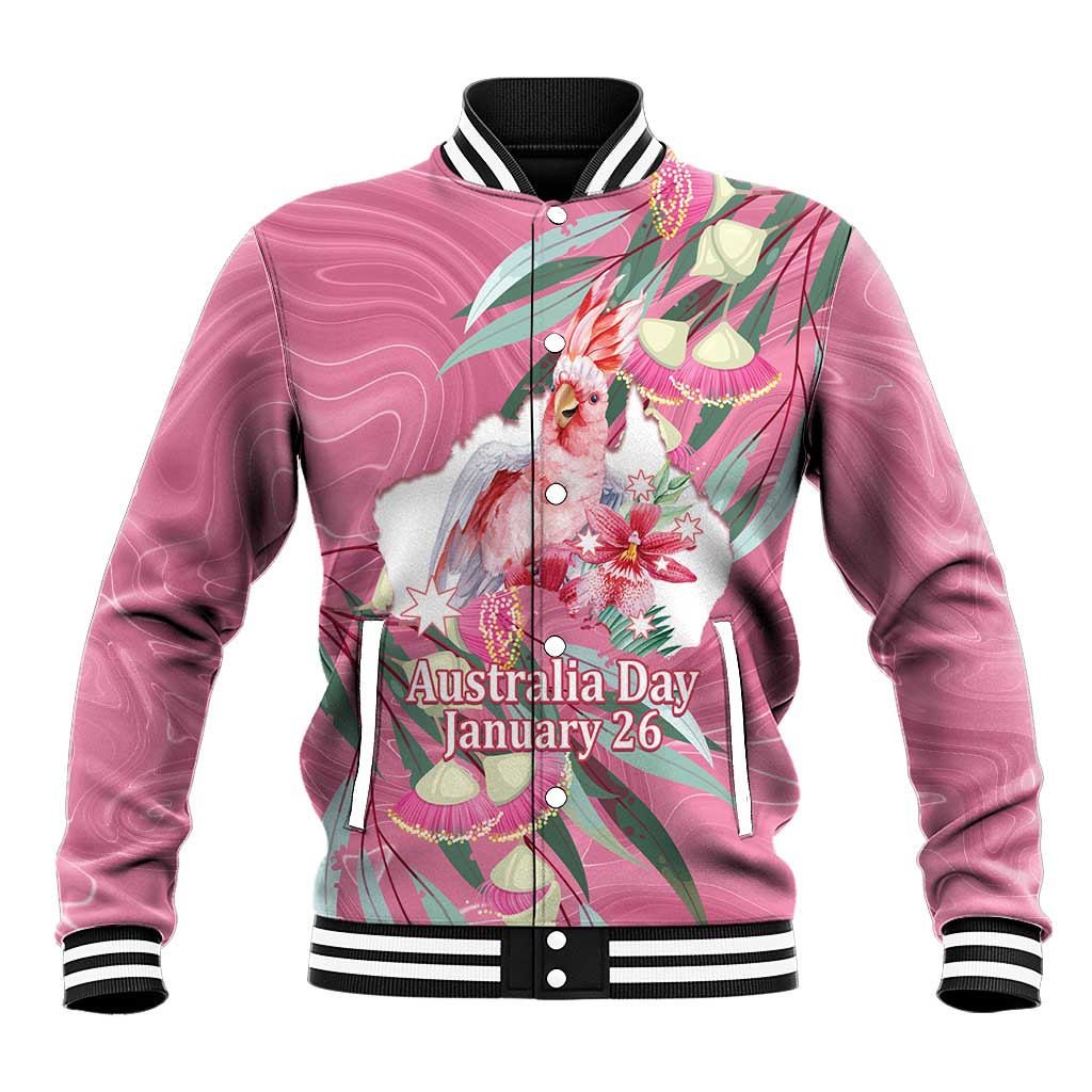 Pink Cockatoo Australia Day Baseball Jacket Proud To Be An Aussie Opal Eucalyptus Blossoms - Aussie Hoodie