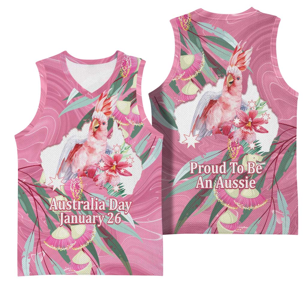 Pink Cockatoo Australia Day Basketball Jersey Proud To Be An Aussie Opal Eucalyptus Blossoms - Aussie Hoodie
