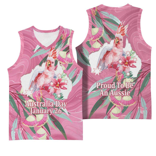 Pink Cockatoo Australia Day Basketball Jersey Proud To Be An Aussie Opal Eucalyptus Blossoms - Aussie Hoodie