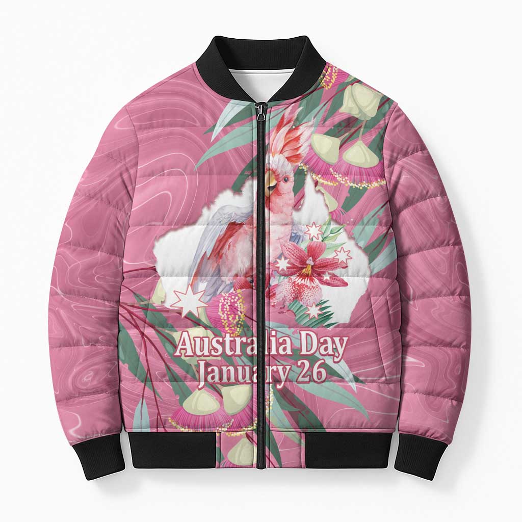 Pink Cockatoo Australia Day Bomber Puffer Jacket Proud To Be An Aussie Opal Eucalyptus Blossoms - Aussie Hoodie