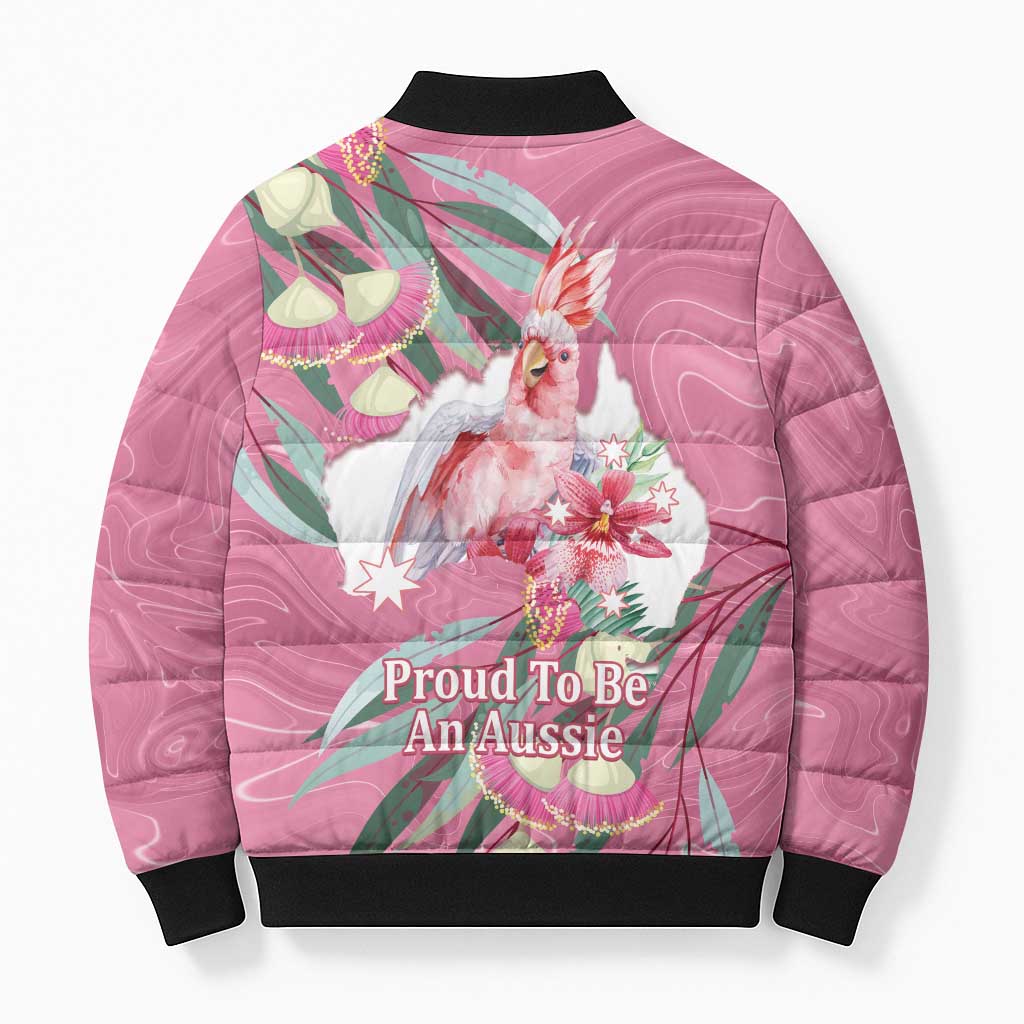 Pink Cockatoo Australia Day Bomber Puffer Jacket Proud To Be An Aussie Opal Eucalyptus Blossoms - Aussie Hoodie