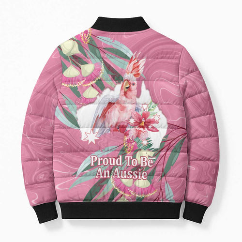 Pink Cockatoo Australia Day Bomber Puffer Jacket Proud To Be An Aussie Opal Eucalyptus Blossoms - Aussie Hoodie