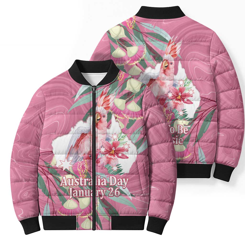 Pink Cockatoo Australia Day Bomber Puffer Jacket Proud To Be An Aussie Opal Eucalyptus Blossoms - Aussie Hoodie
