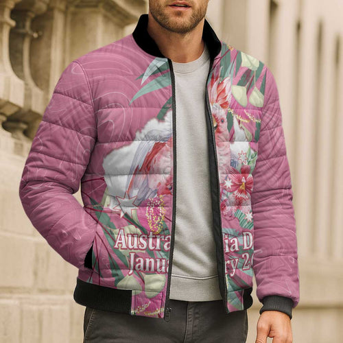 Pink Cockatoo Australia Day Bomber Puffer Jacket Proud To Be An Aussie Opal Eucalyptus Blossoms - Aussie Hoodie
