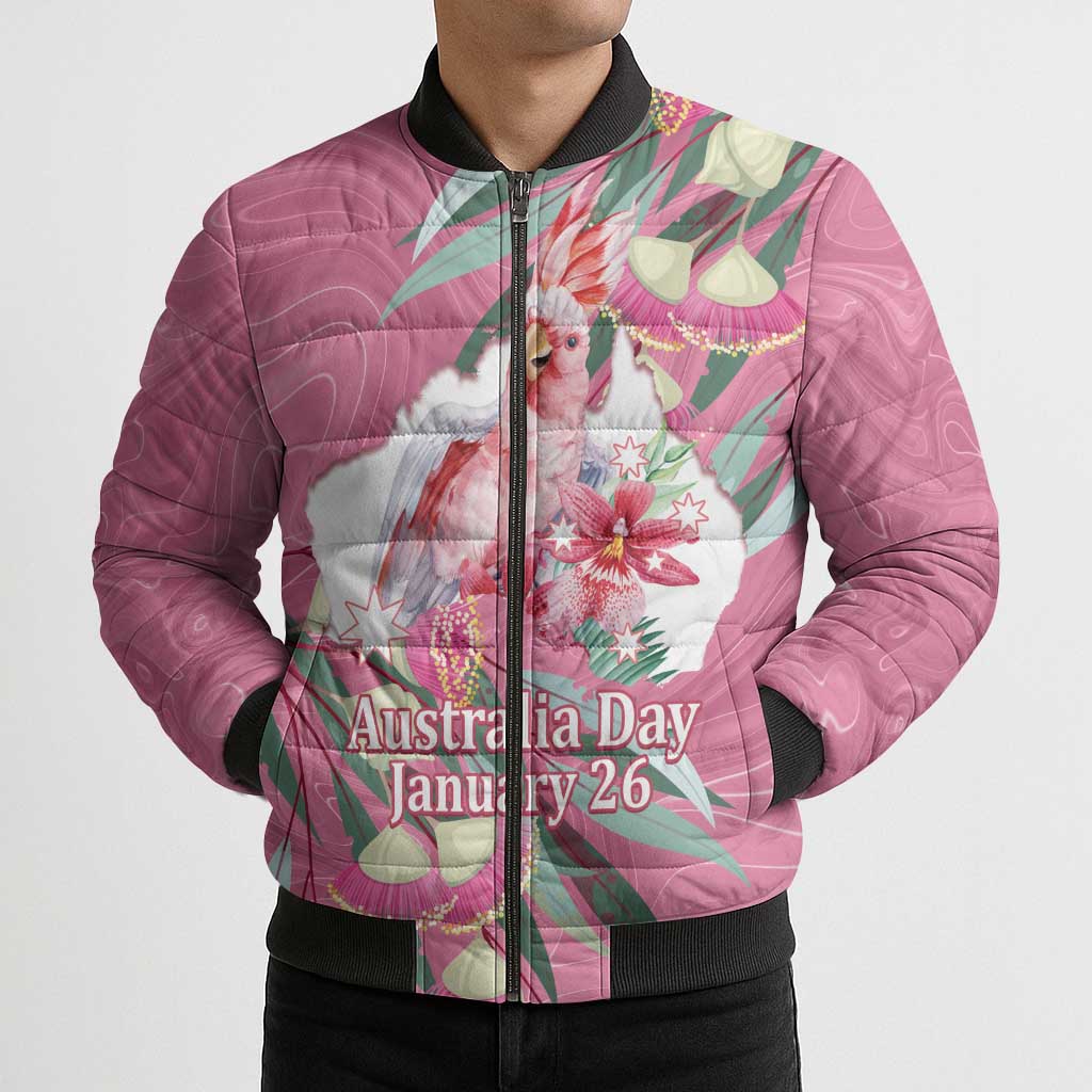 Pink Cockatoo Australia Day Bomber Puffer Jacket Proud To Be An Aussie Opal Eucalyptus Blossoms - Aussie Hoodie