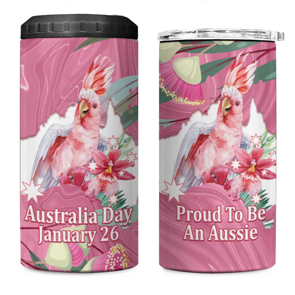 Pink Cockatoo Australia Day 4 in 1 Can Cooler Tumbler Proud To Be An Aussie Opal Eucalyptus Blossoms - Aussie Hoodie