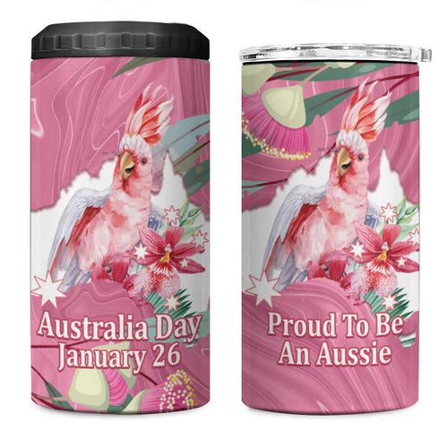 Pink Cockatoo Australia Day 4 in 1 Can Cooler Tumbler Proud To Be An Aussie Opal Eucalyptus Blossoms - Aussie Hoodie