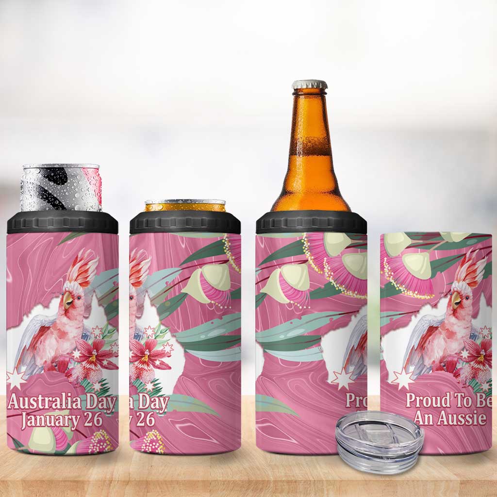 Pink Cockatoo Australia Day 4 in 1 Can Cooler Tumbler Proud To Be An Aussie Opal Eucalyptus Blossoms - Aussie Hoodie