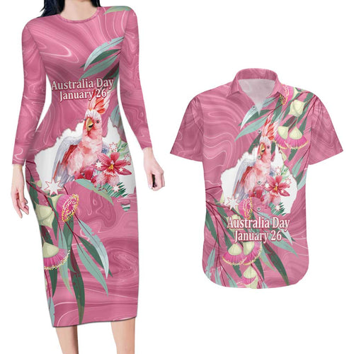 Pink Cockatoo Australia Day Couples Matching Long Sleeve Bodycon Dress and Hawaiian Shirt Proud To Be An Aussie Opal Eucalyptus Blossoms - Aussie Hoodie
