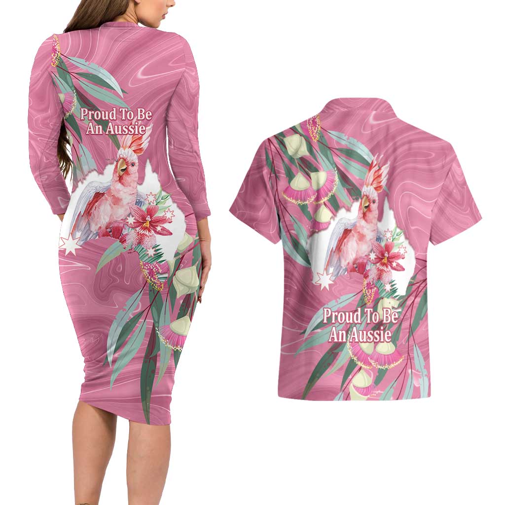 Pink Cockatoo Australia Day Couples Matching Long Sleeve Bodycon Dress and Hawaiian Shirt Proud To Be An Aussie Opal Eucalyptus Blossoms - Aussie Hoodie