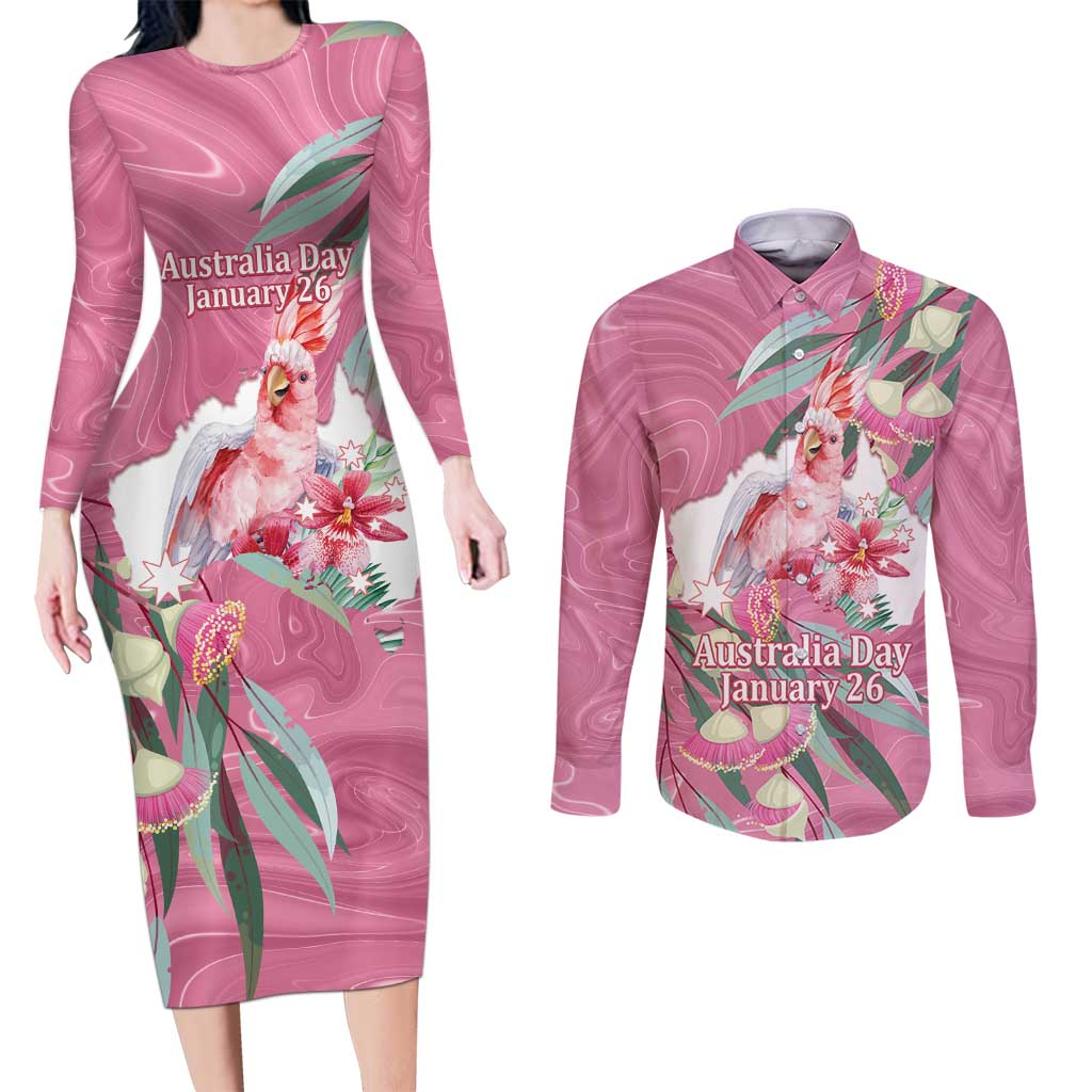 Pink Cockatoo Australia Day Couples Matching Long Sleeve Bodycon Dress and Long Sleeve Button Shirt Proud To Be An Aussie Opal Eucalyptus Blossoms - Aussie Hoodie