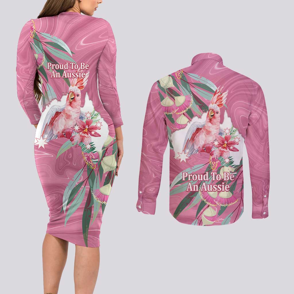 Pink Cockatoo Australia Day Couples Matching Long Sleeve Bodycon Dress and Long Sleeve Button Shirt Proud To Be An Aussie Opal Eucalyptus Blossoms - Aussie Hoodie