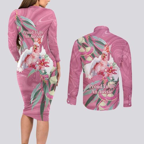 Pink Cockatoo Australia Day Couples Matching Long Sleeve Bodycon Dress and Long Sleeve Button Shirt Proud To Be An Aussie Opal Eucalyptus Blossoms - Aussie Hoodie