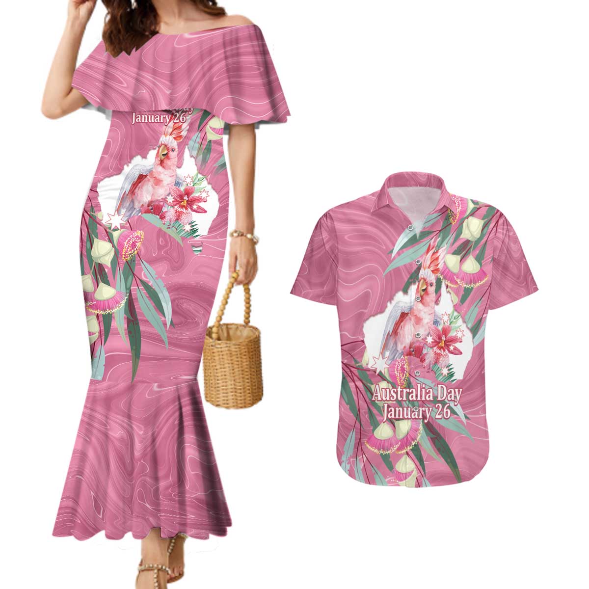 Pink Cockatoo Australia Day Couples Matching Mermaid Dress and Hawaiian Shirt Proud To Be An Aussie Opal Eucalyptus Blossoms - Aussie Hoodie
