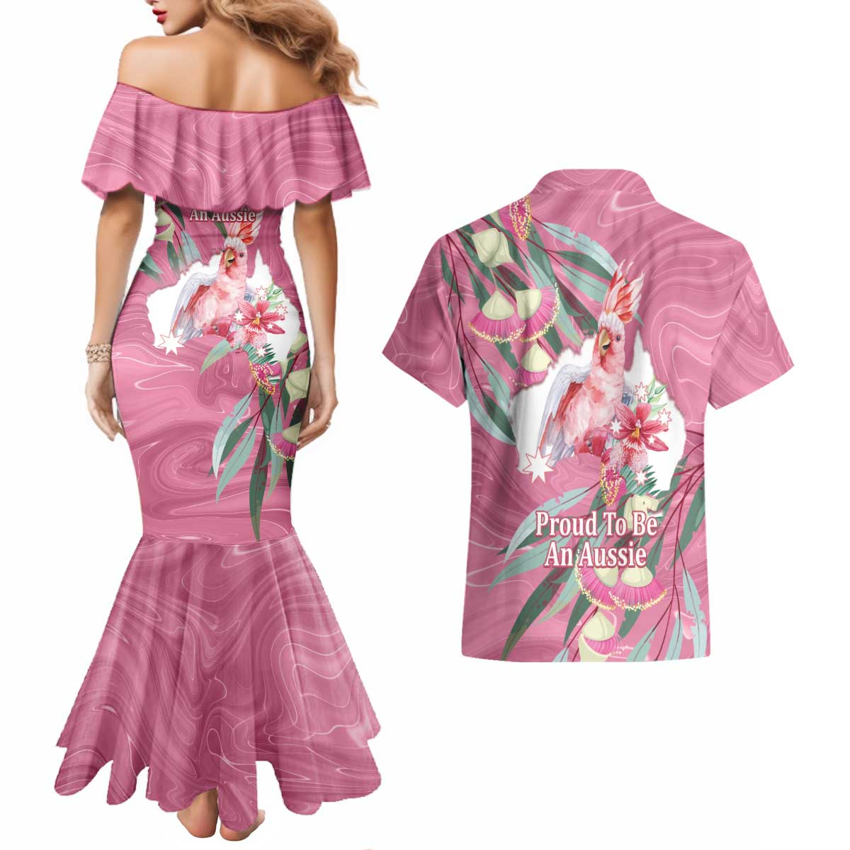 Pink Cockatoo Australia Day Couples Matching Mermaid Dress and Hawaiian Shirt Proud To Be An Aussie Opal Eucalyptus Blossoms - Aussie Hoodie