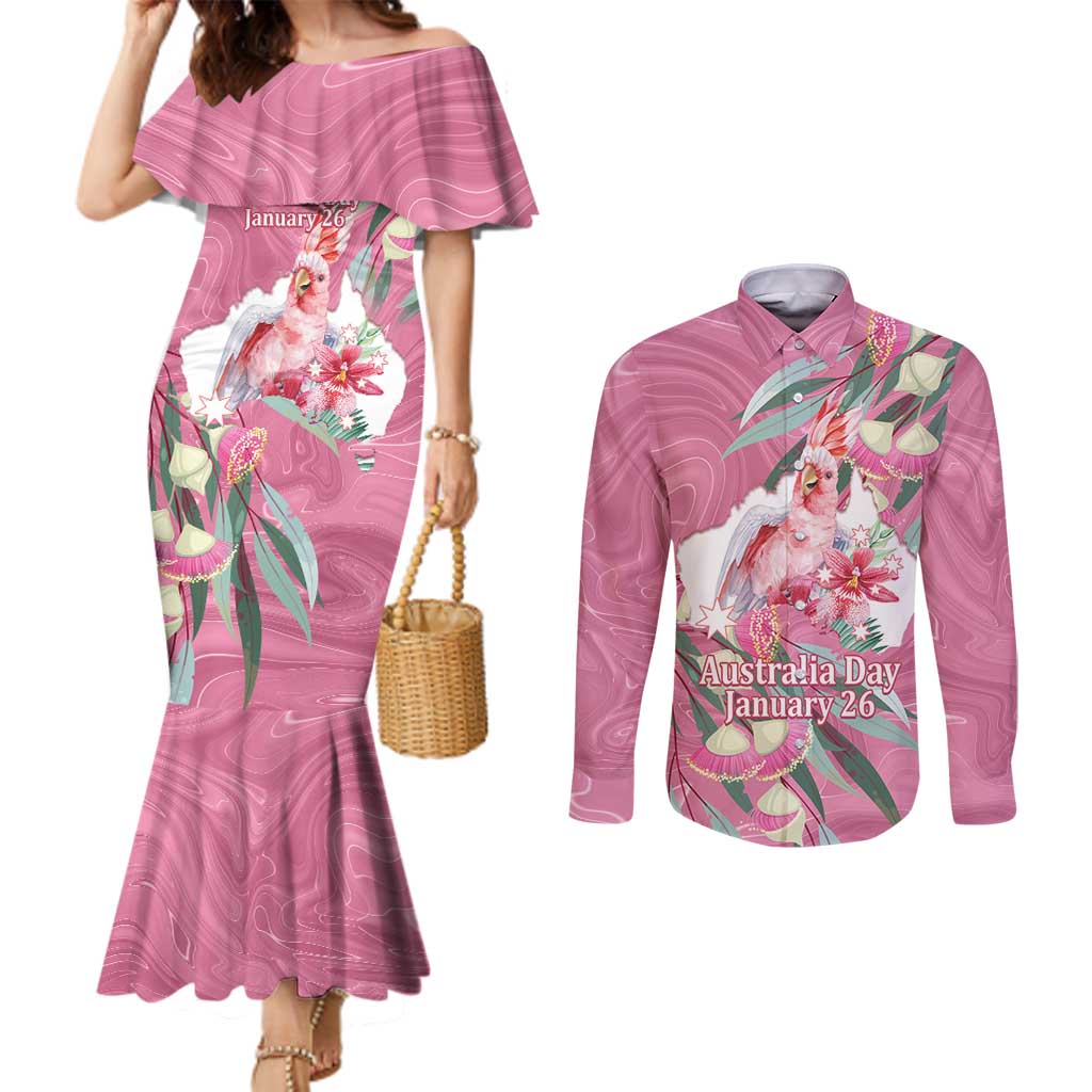 Pink Cockatoo Australia Day Couples Matching Mermaid Dress and Long Sleeve Button Shirt Proud To Be An Aussie Opal Eucalyptus Blossoms - Aussie Hoodie