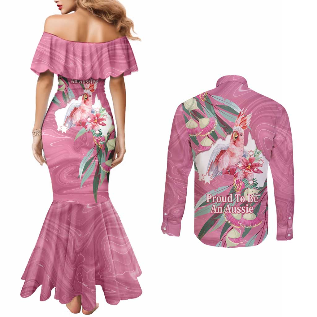 Pink Cockatoo Australia Day Couples Matching Mermaid Dress and Long Sleeve Button Shirt Proud To Be An Aussie Opal Eucalyptus Blossoms - Aussie Hoodie