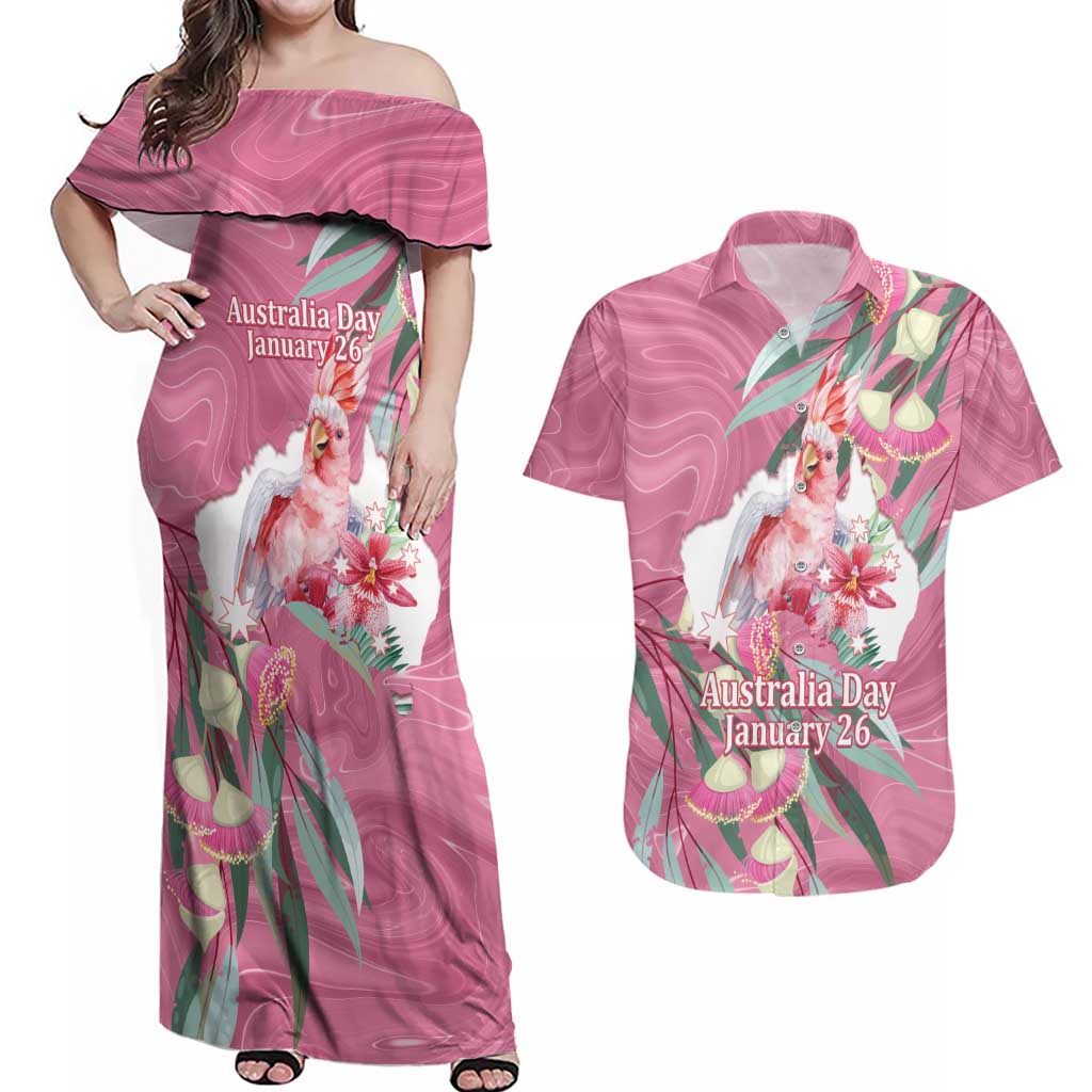 Pink Cockatoo Australia Day Couples Matching Off Shoulder Maxi Dress and Hawaiian Shirt Proud To Be An Aussie Opal Eucalyptus Blossoms - Aussie Hoodie