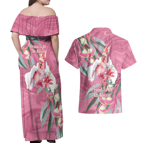 Pink Cockatoo Australia Day Couples Matching Off Shoulder Maxi Dress and Hawaiian Shirt Proud To Be An Aussie Opal Eucalyptus Blossoms - Aussie Hoodie