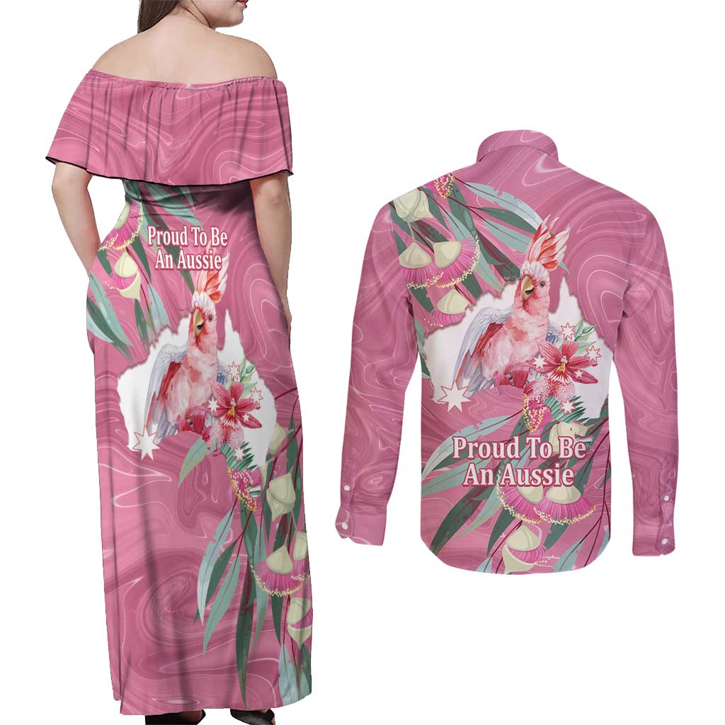 Pink Cockatoo Australia Day Couples Matching Off Shoulder Maxi Dress and Long Sleeve Button Shirt Proud To Be An Aussie Opal Eucalyptus Blossoms - Aussie Hoodie
