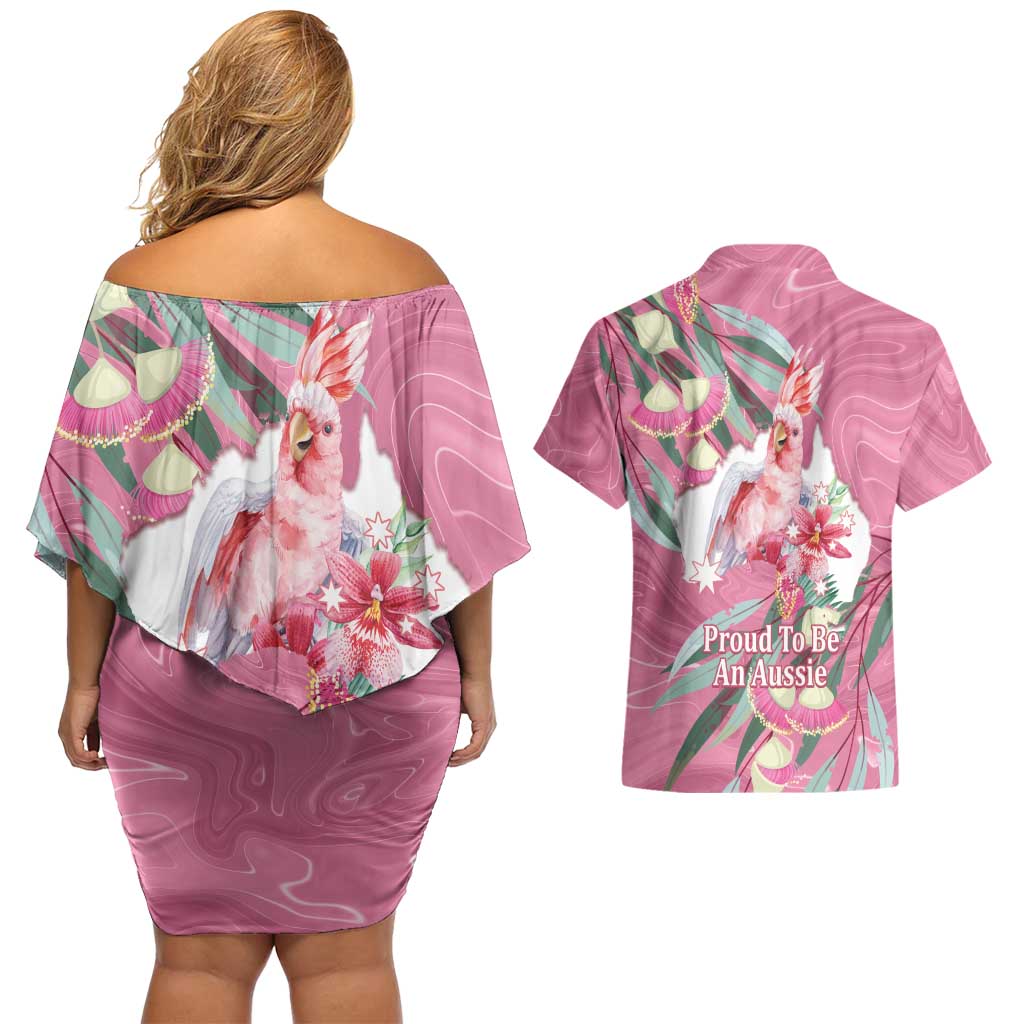 Pink Cockatoo Australia Day Couples Matching Off Shoulder Short Dress and Hawaiian Shirt Proud To Be An Aussie Opal Eucalyptus Blossoms - Aussie Hoodie