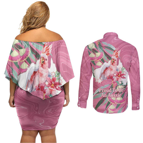 Pink Cockatoo Australia Day Couples Matching Off Shoulder Short Dress and Long Sleeve Button Shirt Proud To Be An Aussie Opal Eucalyptus Blossoms - Aussie Hoodie