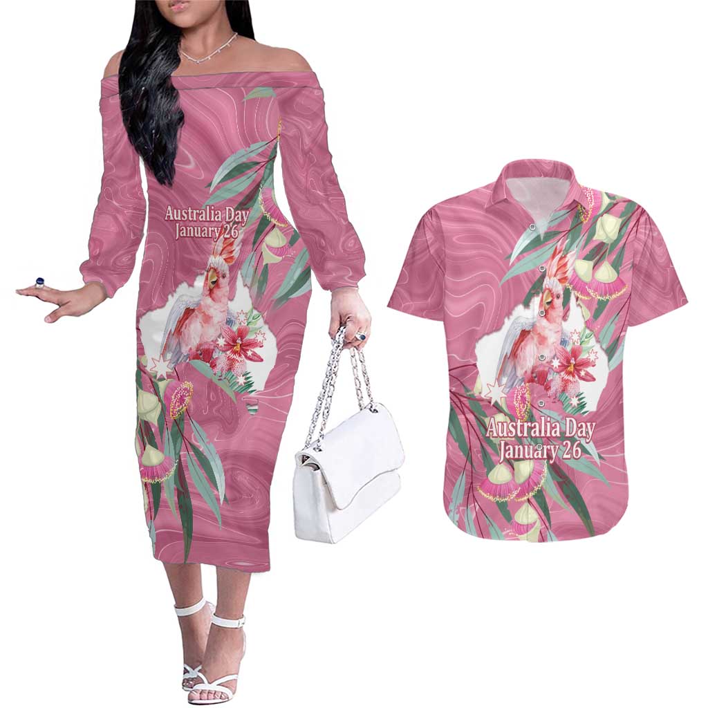 Pink Cockatoo Australia Day Couples Matching Off The Shoulder Long Sleeve Dress and Hawaiian Shirt Proud To Be An Aussie Opal Eucalyptus Blossoms - Aussie Hoodie