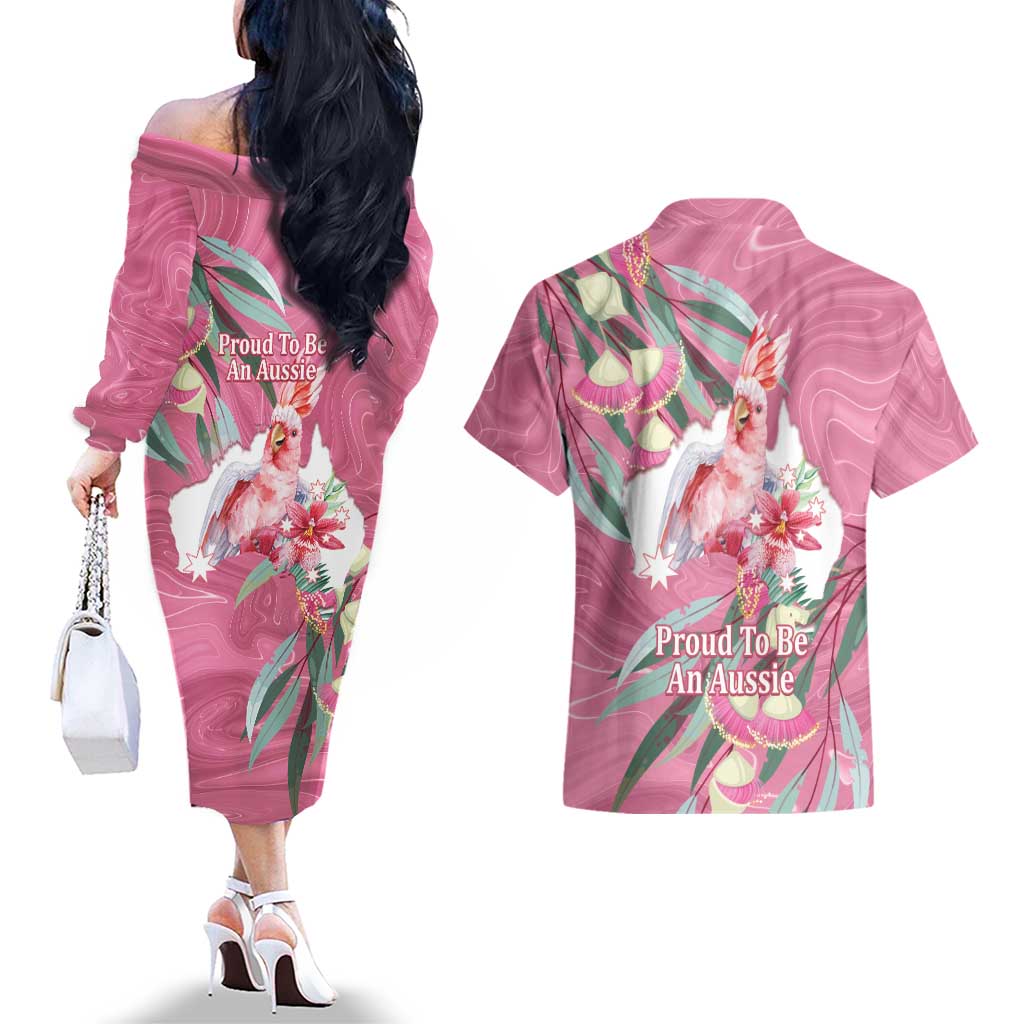 Pink Cockatoo Australia Day Couples Matching Off The Shoulder Long Sleeve Dress and Hawaiian Shirt Proud To Be An Aussie Opal Eucalyptus Blossoms - Aussie Hoodie