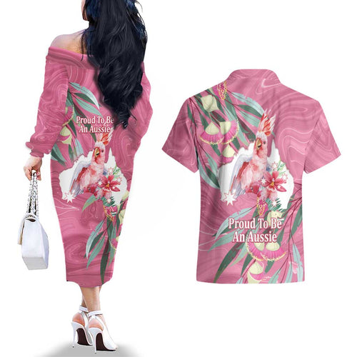 Pink Cockatoo Australia Day Couples Matching Off The Shoulder Long Sleeve Dress and Hawaiian Shirt Proud To Be An Aussie Opal Eucalyptus Blossoms - Aussie Hoodie
