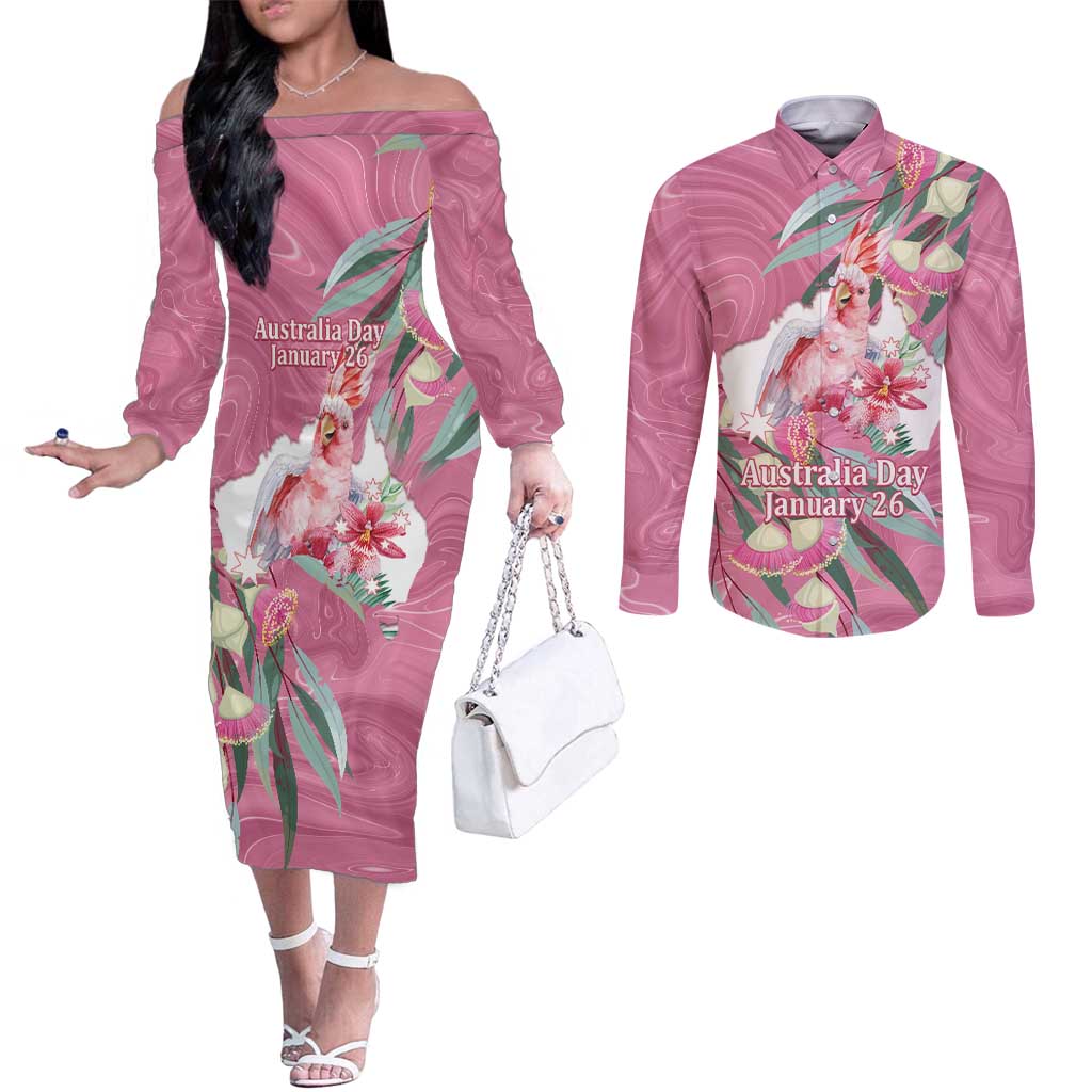 Pink Cockatoo Australia Day Couples Matching Off The Shoulder Long Sleeve Dress and Long Sleeve Button Shirt Proud To Be An Aussie Opal Eucalyptus Blossoms - Aussie Hoodie