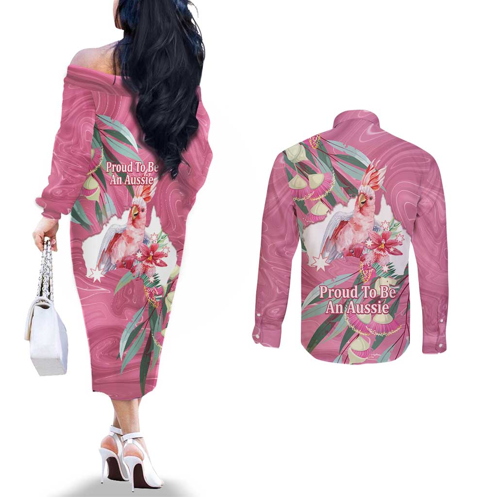 Pink Cockatoo Australia Day Couples Matching Off The Shoulder Long Sleeve Dress and Long Sleeve Button Shirt Proud To Be An Aussie Opal Eucalyptus Blossoms - Aussie Hoodie