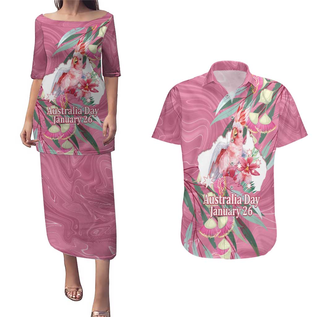 Pink Cockatoo Australia Day Couples Matching Puletasi and Hawaiian Shirt Proud To Be An Aussie Opal Eucalyptus Blossoms - Aussie Hoodie