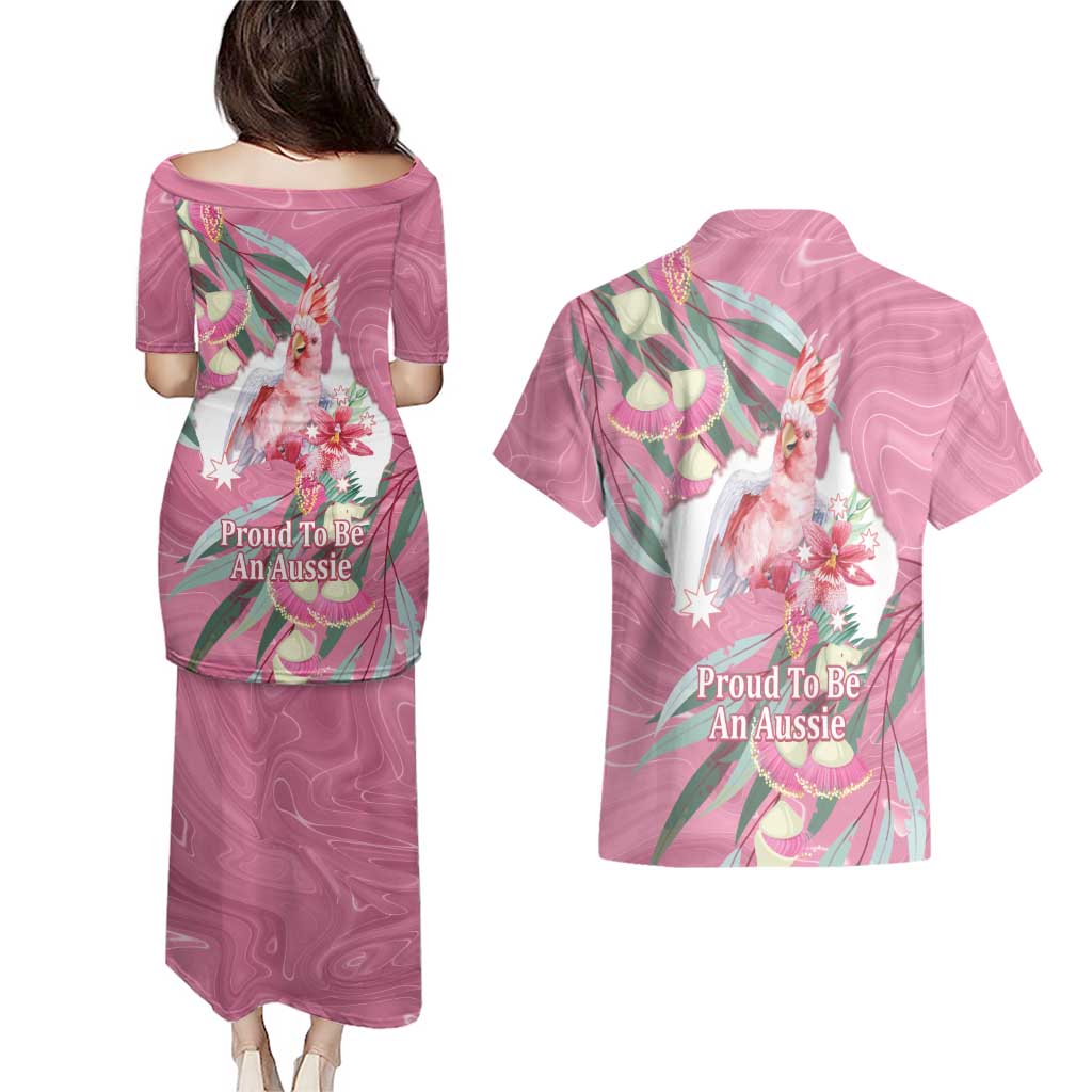 Pink Cockatoo Australia Day Couples Matching Puletasi and Hawaiian Shirt Proud To Be An Aussie Opal Eucalyptus Blossoms - Aussie Hoodie