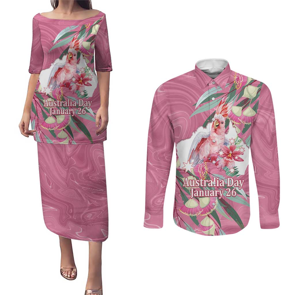 Pink Cockatoo Australia Day Couples Matching Puletasi and Long Sleeve Button Shirt Proud To Be An Aussie Opal Eucalyptus Blossoms - Aussie Hoodie