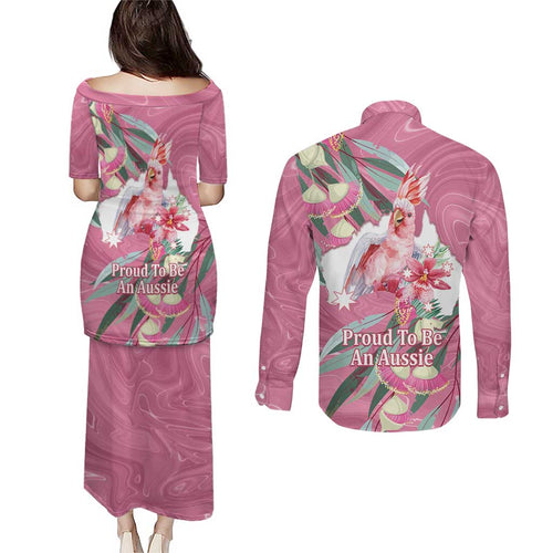 Pink Cockatoo Australia Day Couples Matching Puletasi and Long Sleeve Button Shirt Proud To Be An Aussie Opal Eucalyptus Blossoms - Aussie Hoodie