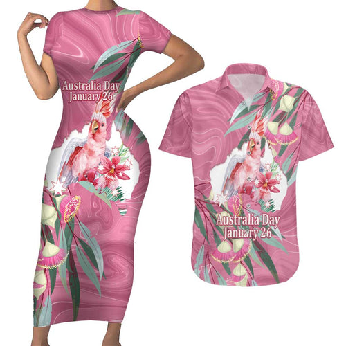Pink Cockatoo Australia Day Couples Matching Short Sleeve Bodycon Dress and Hawaiian Shirt Proud To Be An Aussie Opal Eucalyptus Blossoms - Aussie Hoodie